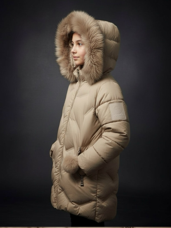 Dziewczęca Kurtka Zimowa Pikowana z Kapturem - Beżowa