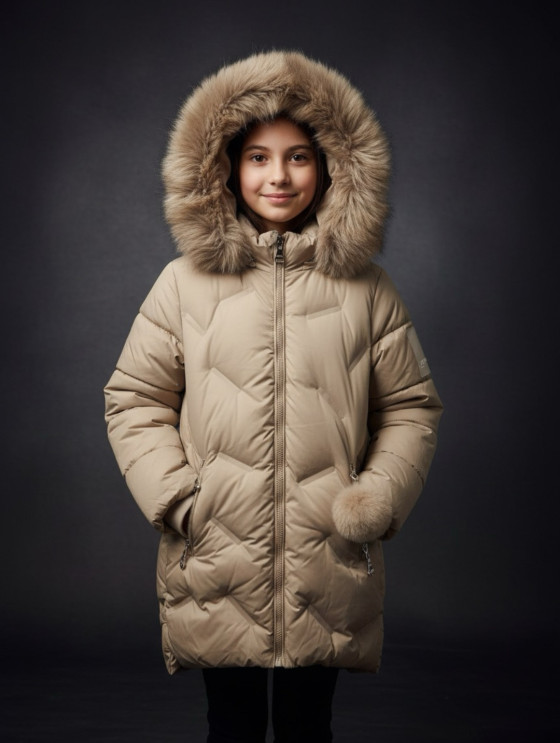 Dziewczęca Kurtka Zimowa Pikowana z Kapturem - Beżowa