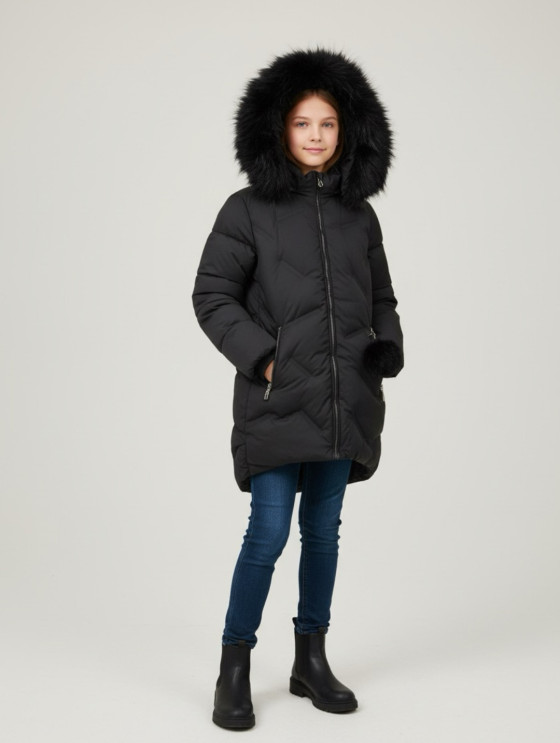 Dziewczęca Kurtka Zimowa Pikowana z Kapturem - Czarna