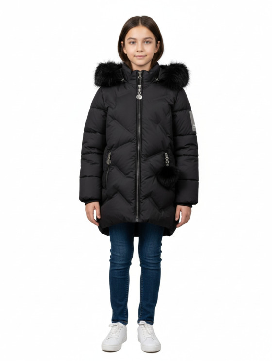 Dziewczęca Kurtka Zimowa Pikowana z Kapturem - Czarna